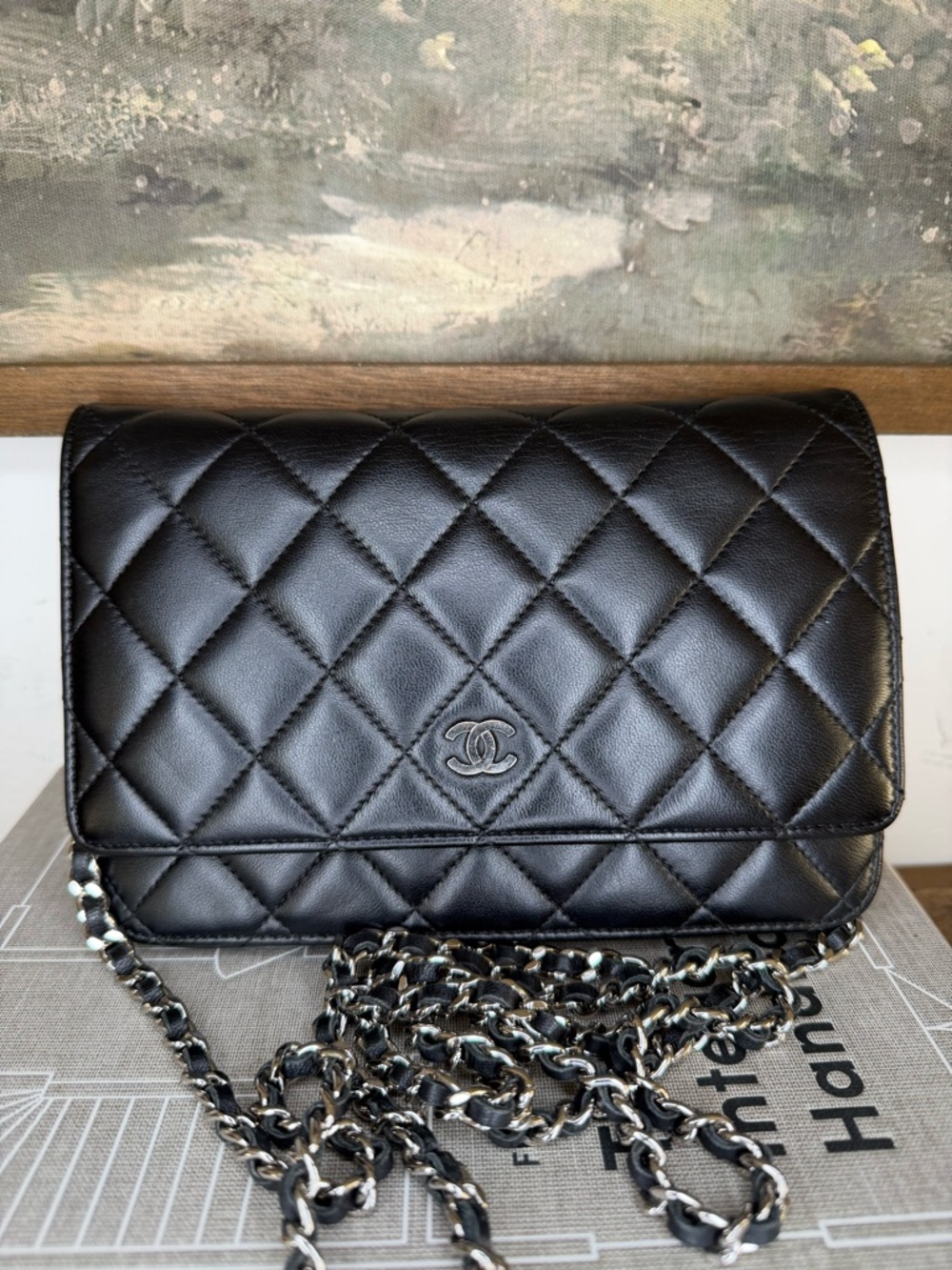 CHANEL Black Quilted Lambskin Crossbody with Silver Chain